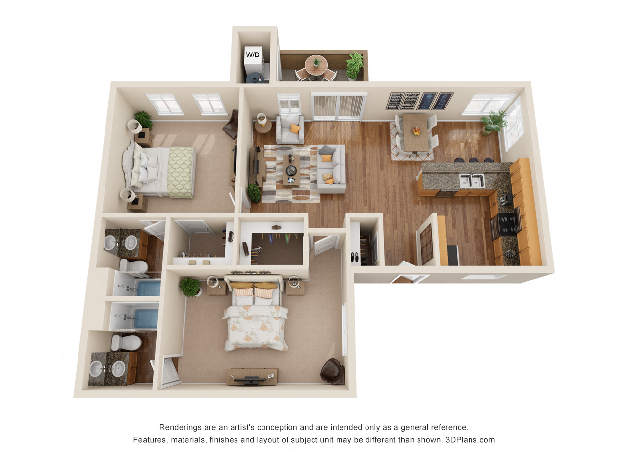 Floor plan for 2 beds, 2 baths, 917 sqft